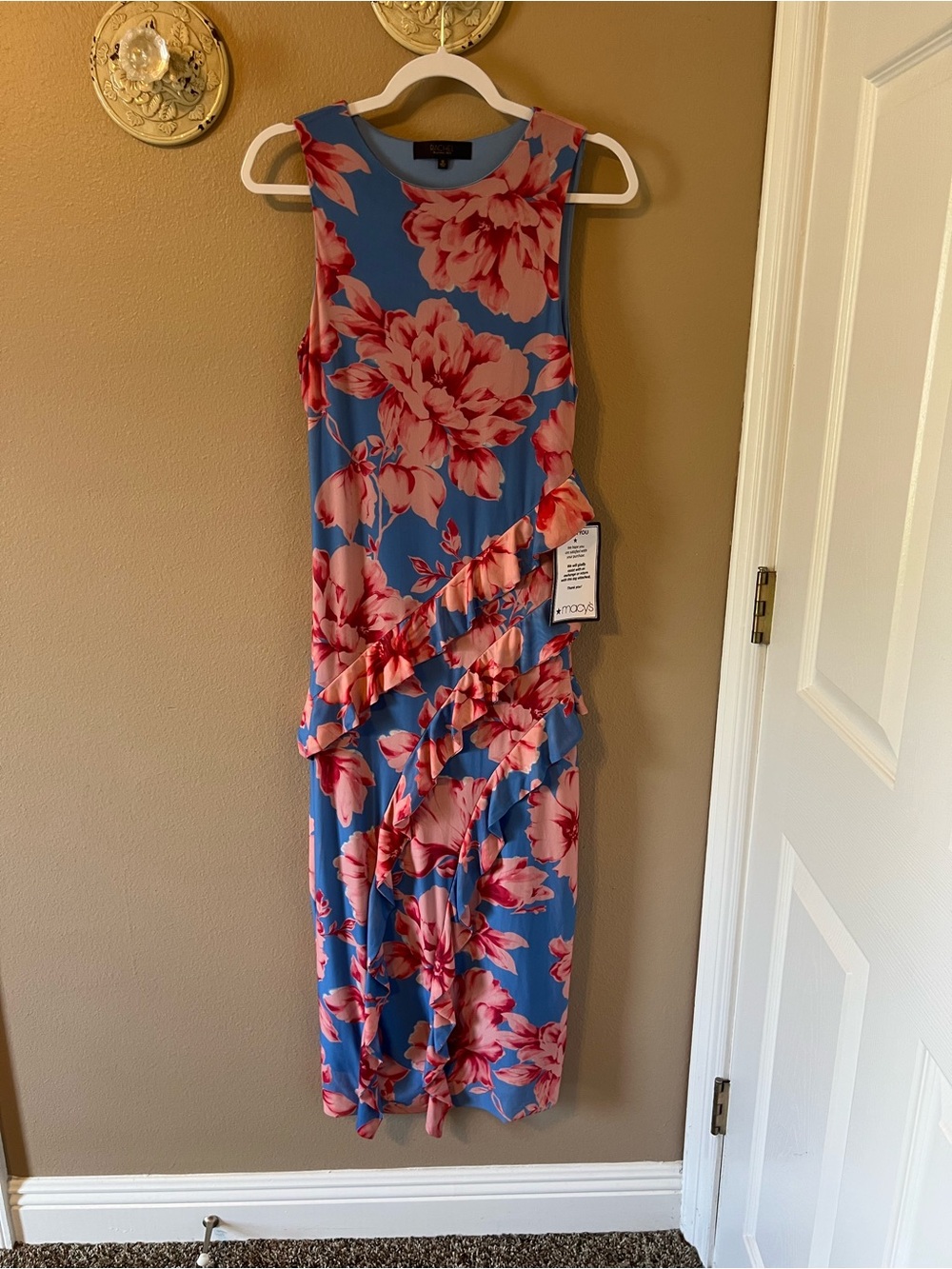 Rachael Ray Blue Floral Ruffle Midi Dress